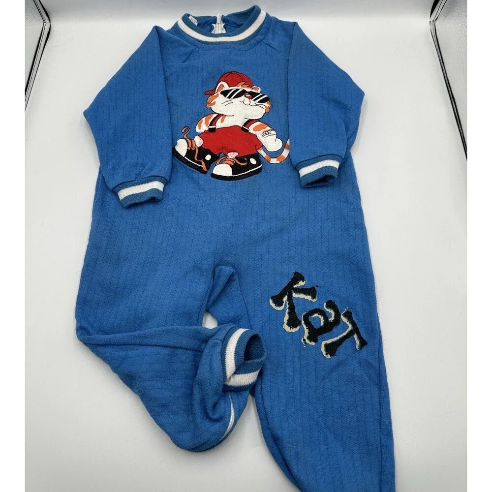 Vintage 90s Carters Toddler Boys Romper Blue Rap Kat One Piece Size 24 Months